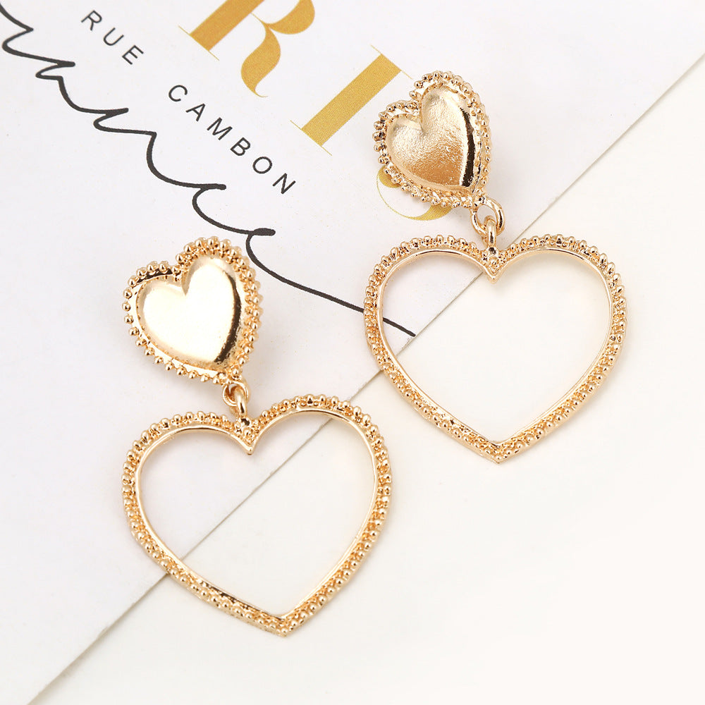 Metal-Sized Heart-Shaped Earrings With Exaggerated Studs Hollow Out Heart Shape