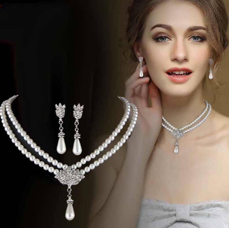 European And American Jewelry Bride Pearl Crystal With Short Collarbone Neck Necklace Set Earrings Korean Version Temperament