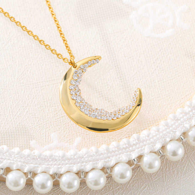 Chic Crescent Moon Necklaces For Women Accessories Stainless Steel Chain Sparkling Zircon Pendants Choker Modern Female Jewelry