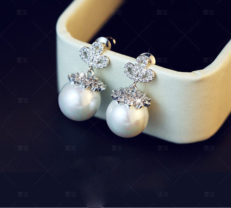 Pure silver pearl earrings, female Zircon Earrings